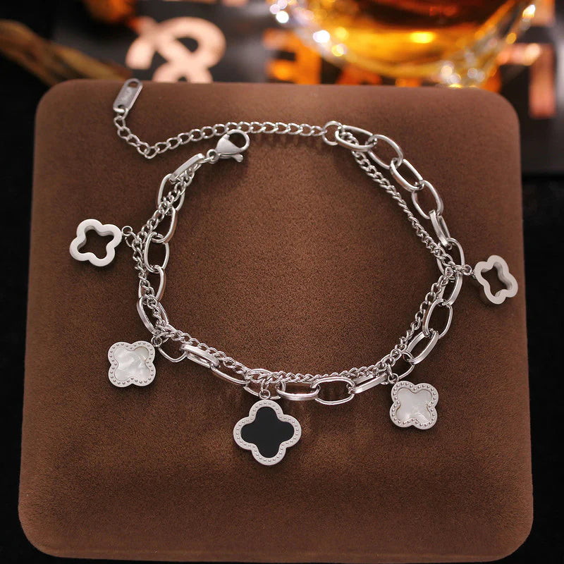 Stainless Steel Silver-Plated Mother of Pearl Clover Wraparound Bracelet (Anti-Tarnish)-OSL-141