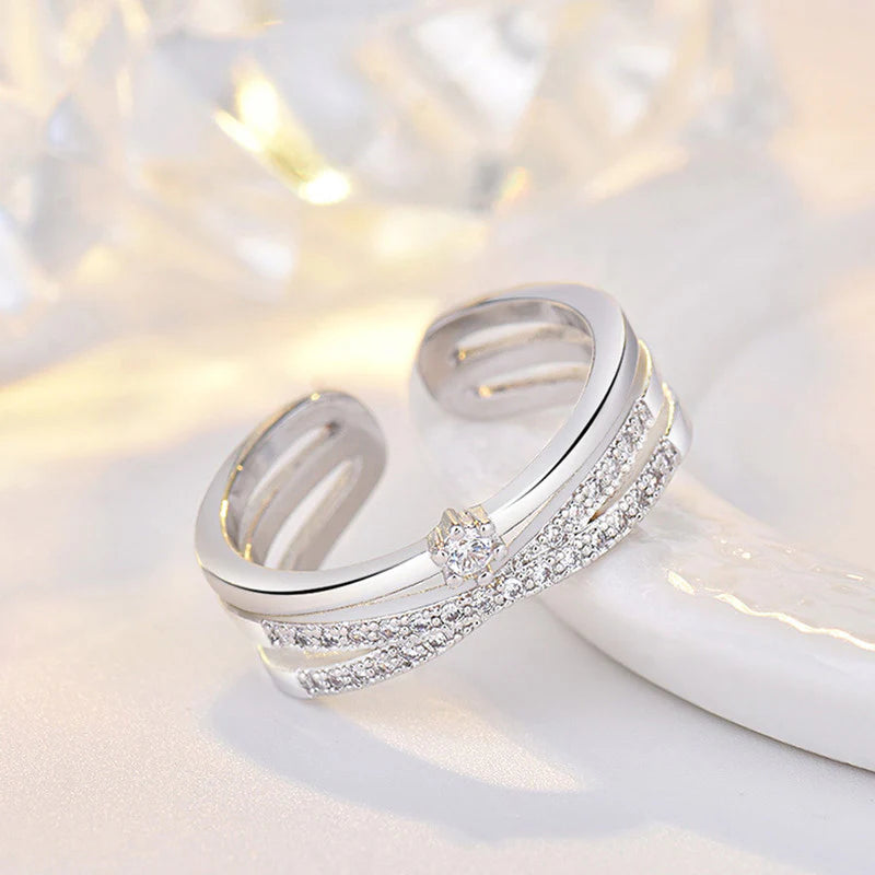 Silver Plated American Diamond Studded Contemporary Korean Finger Ring-OSL-99