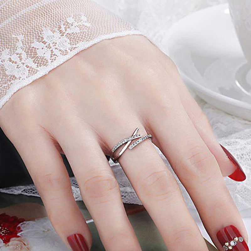 Silver Plated American Diamond Studded Contemporary Korean Finger Ring-OSL98
