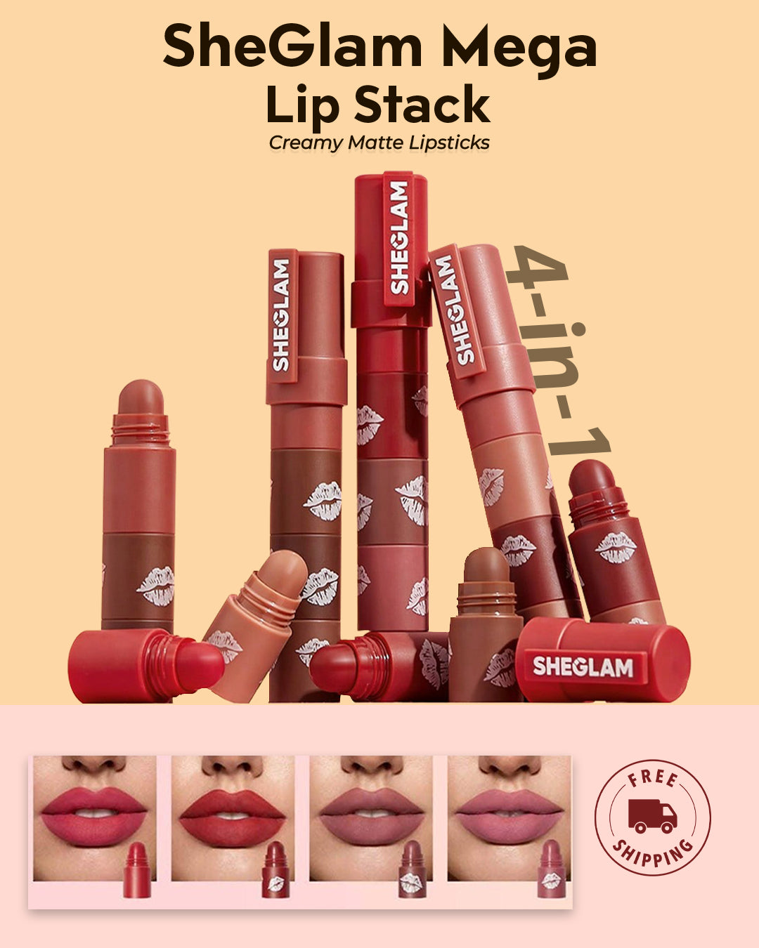 SheGlam Mega Lip Stack – 4-in-1 Creamy Matte Lipsticks
