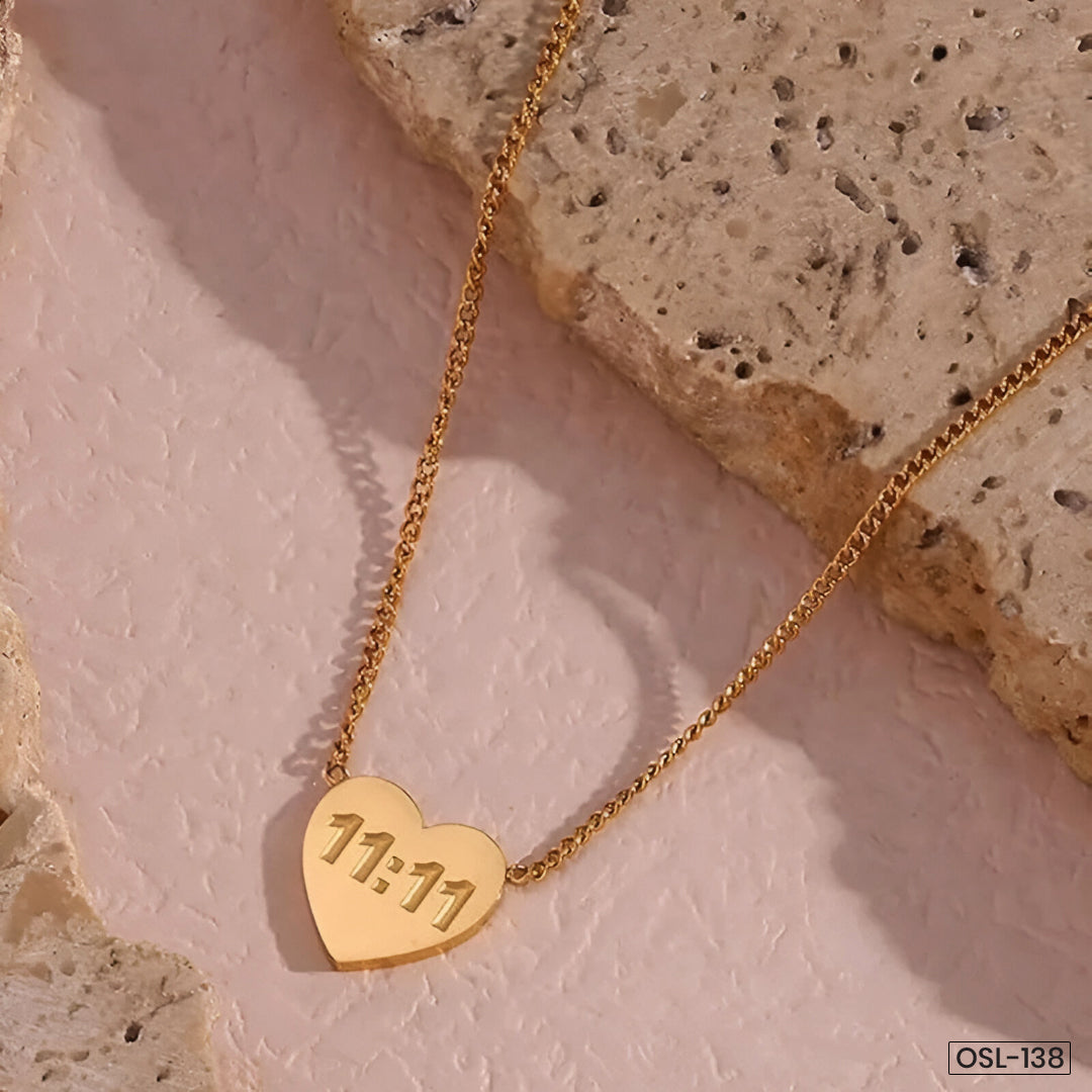 Gold Plated Anti-Tarnish “11:11 Make a Wish” Heart & Angel Pendant Necklace-OSL-138