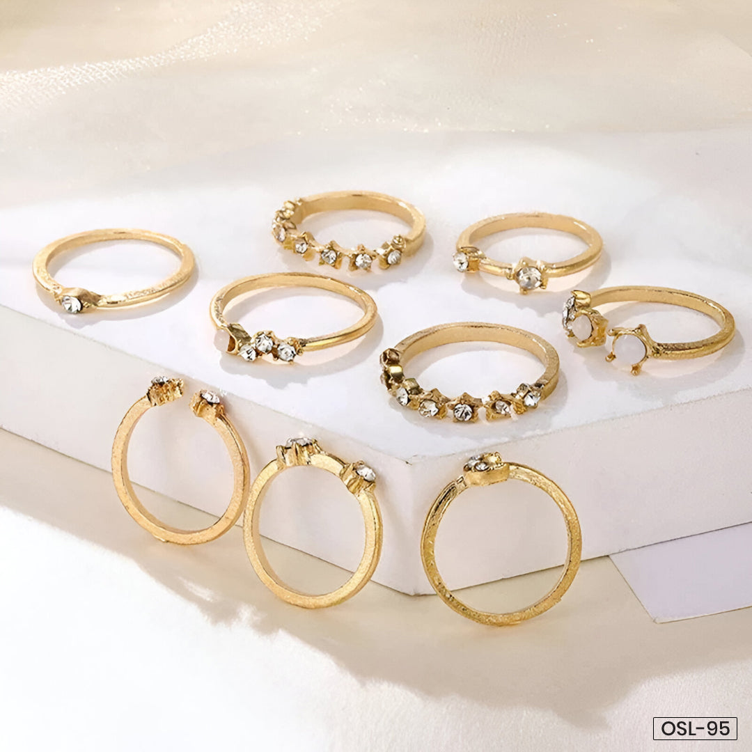Trending Gold Plated Love-Inspired Set of 9 Stackable Finger Rings-OSL95