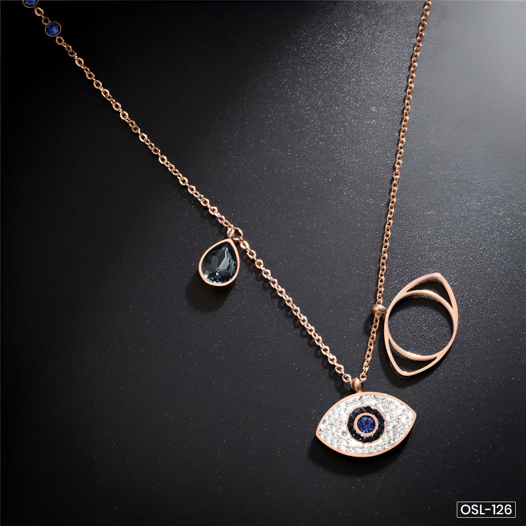 Rose Gold Plated Stainless Steel Evil Eye Pendant Necklace with American Diamonds-OSL-126
