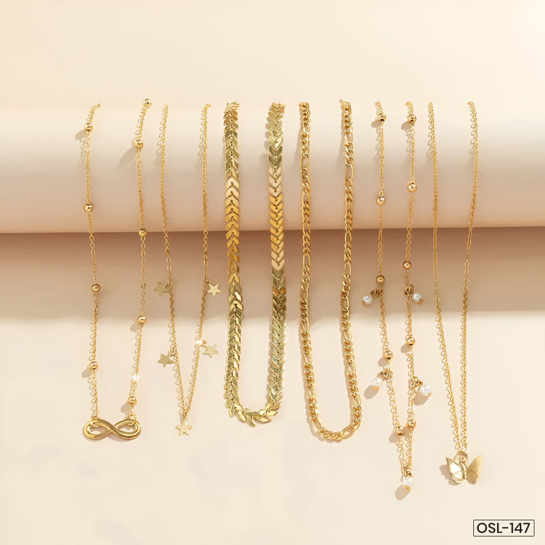 Gold Plated Layered Necklace Set (Pack of 6 | Anti-Tarnish)-OSL-147