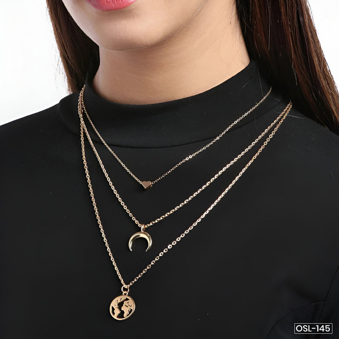 Gold Plated Moon, Star & World Layered Necklace for Women (Anti-Tarnish)-OSL-145