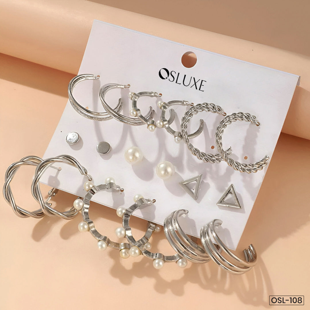 Silver Plated Contemporary Hoop Earrings Set (Pack of 9)-OSL108
