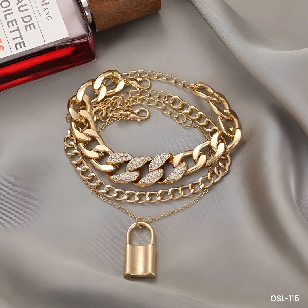 Gold Plated Stone-Studded Lock Multi-Strand Bracelet-OSL115