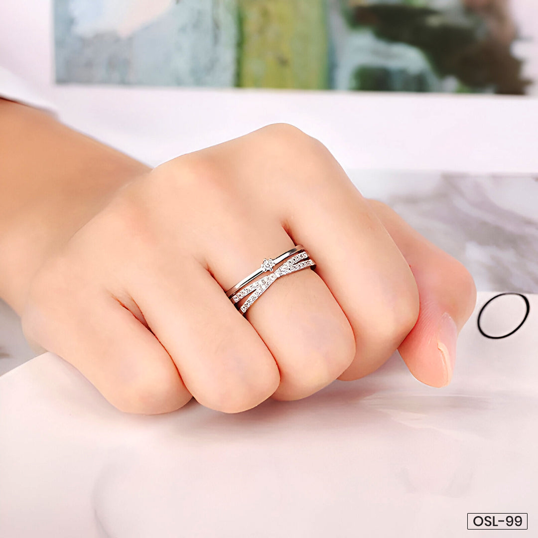 Silver Plated American Diamond Studded Contemporary Korean Finger Ring-OSL-99