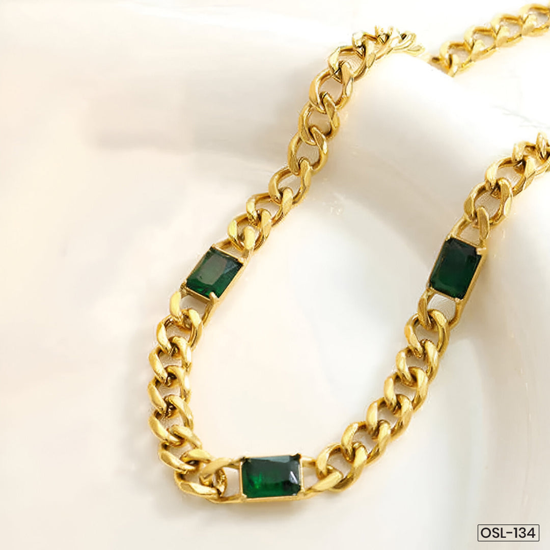 Gold Plated Stainless Steel Anti-Tarnish Cuban Necklace with Green Crystals-OSL-134