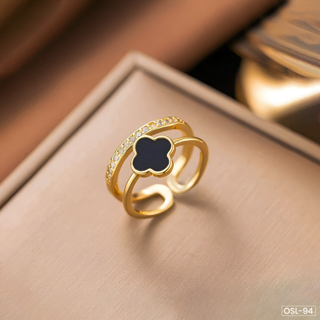 Gold Plated Anti-Tarnish Stainless Steel Clover Themed Adjustable Finger Ring-OSL94