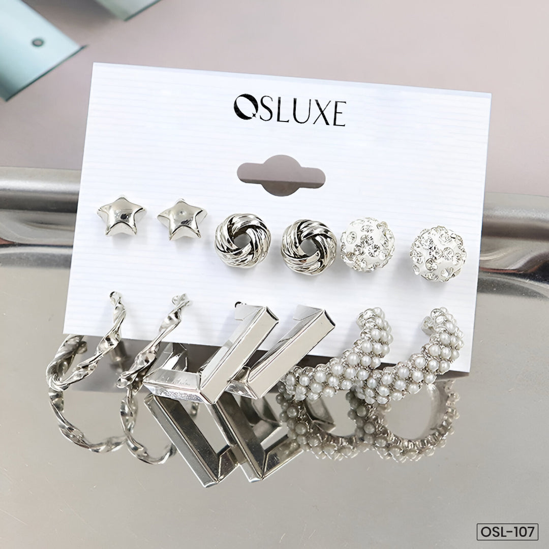 Gold Plated White Studs, Hoops & Drop Earrings Set (Pack of 6)-OSL107