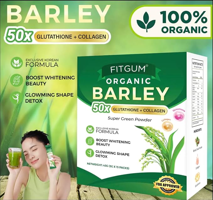 FIT Gum Organic Barley 50X Glutathione & Collagen Super Green Powder - 3g x 15 Sachets
