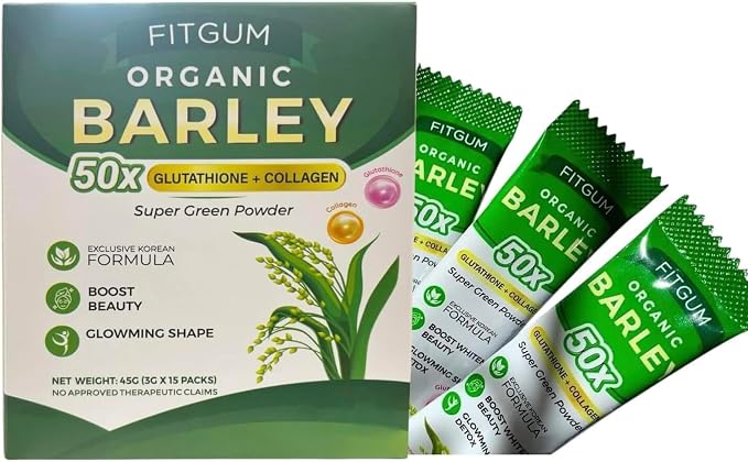 FIT Gum Organic Barley 50X Glutathione & Collagen Super Green Powder - 3g x 15 Sachets