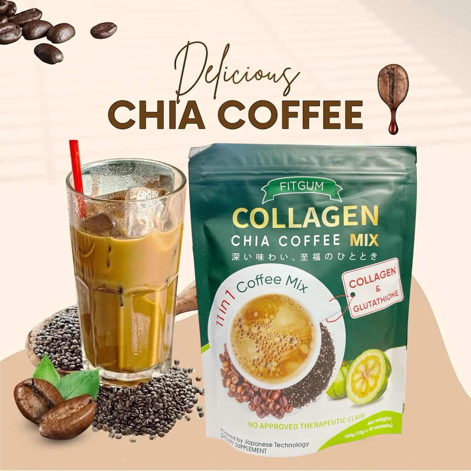FIT GUM Collagen Chia Coffee - 11 in 1 Coffee Mix (10 Sachets per Pack)