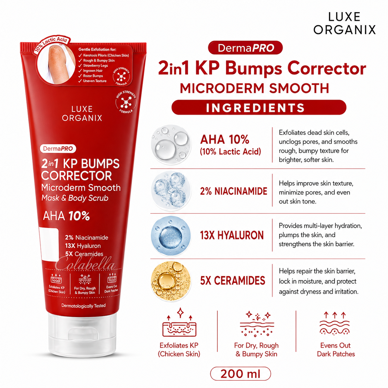 LUXE ORGANIX DermaPRO 2-in-1 KP Bumps Corrector Microderm Smooth Mask & Body Scrub – AHA 10% Exfoliating Body Treatment for Rough, Bumpy & Uneven-Looking Skin