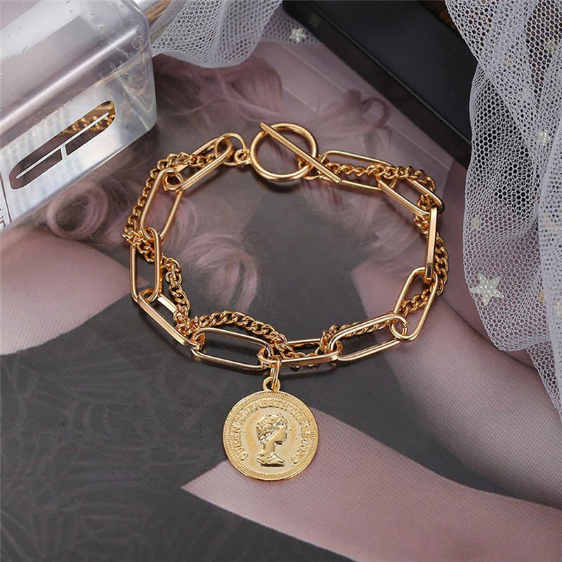 Stylish Coin Head Gold Plated Multi-Strand Bracelet-OSL116