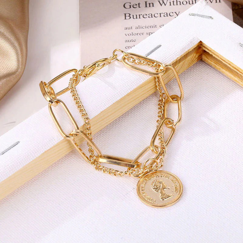 Stylish Coin Head Gold Plated Multi-Strand Bracelet-OSL116