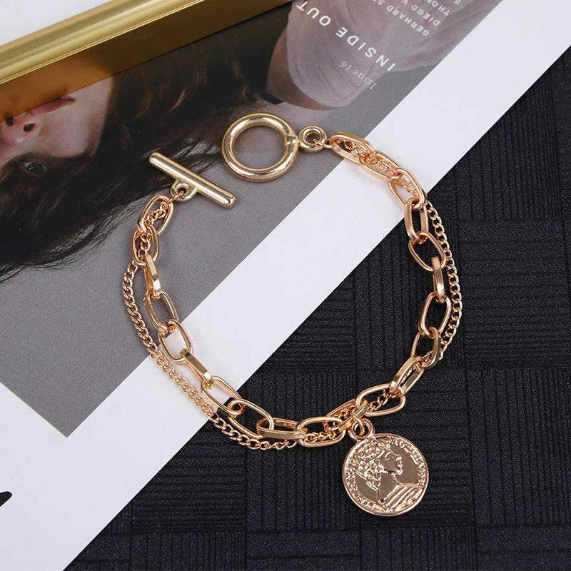 Stylish Coin Head Gold Plated Multi-Strand Bracelet-OSL116