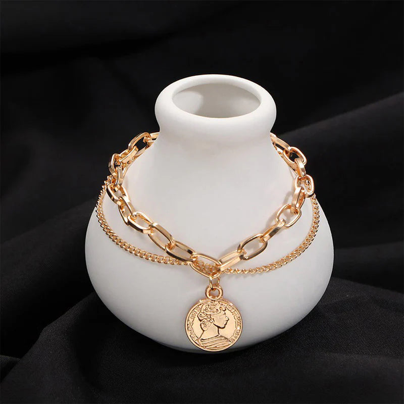 Stylish Coin Head Gold Plated Multi-Strand Bracelet-OSL116