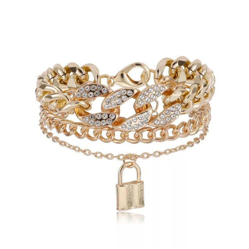 Gold Plated Stone-Studded Lock Multi-Strand Bracelet-OSL115
