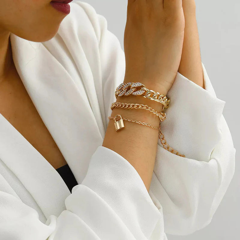 Gold Plated Stone-Studded Lock Multi-Strand Bracelet-OSL115
