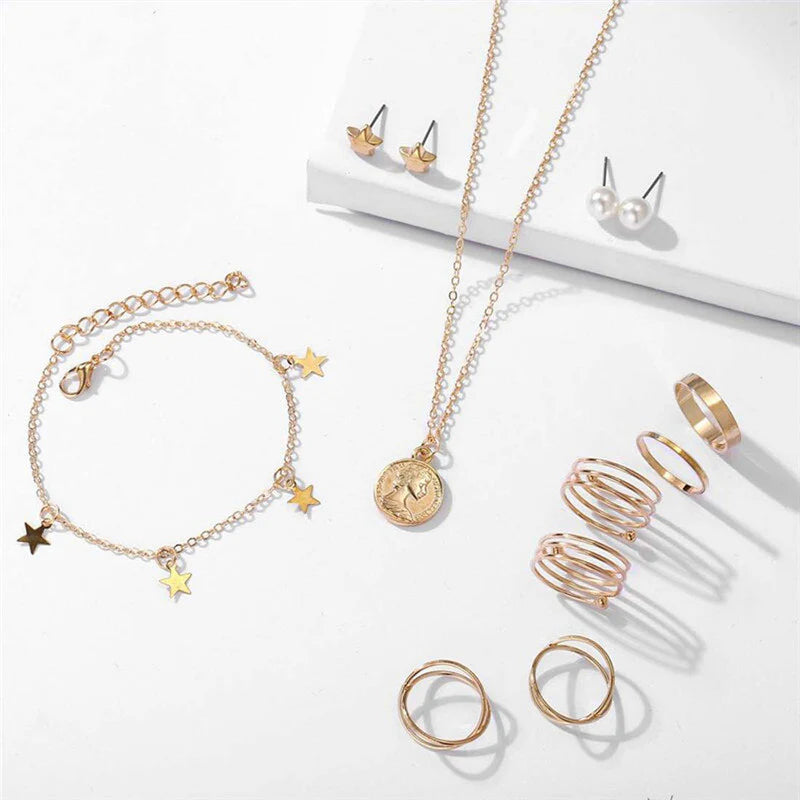 Pearl & Gold-Plated Jewellery Set with Necklace, Earrings, Rings & Bracelet for Women-OSL-142