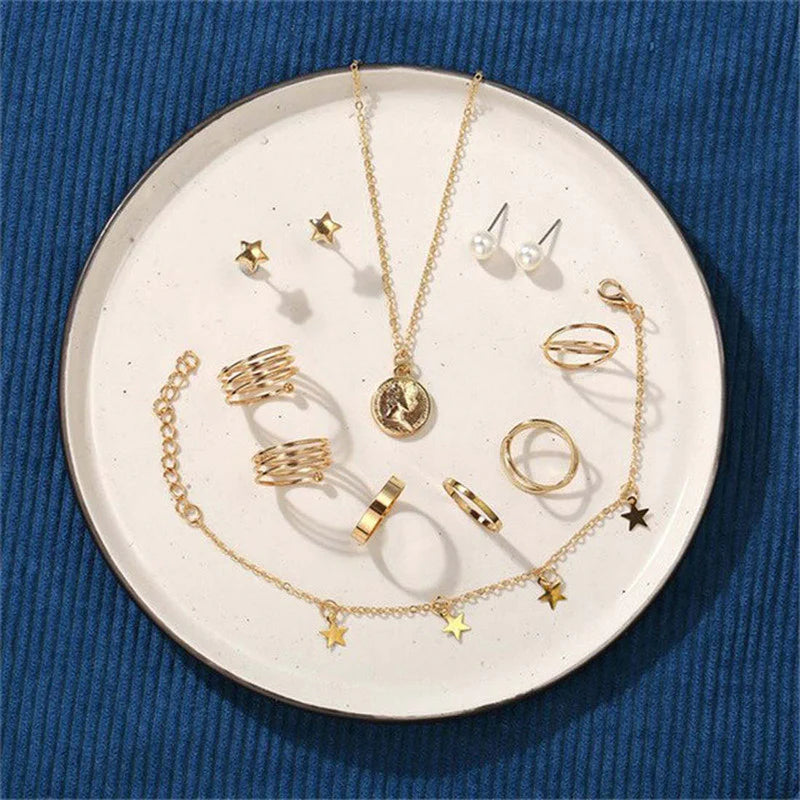 Pearl & Gold-Plated Jewellery Set with Necklace, Earrings, Rings & Bracelet for Women-OSL-142