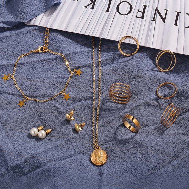 Pearl & Gold-Plated Jewellery Set with Necklace, Earrings, Rings & Bracelet for Women-OSL-142