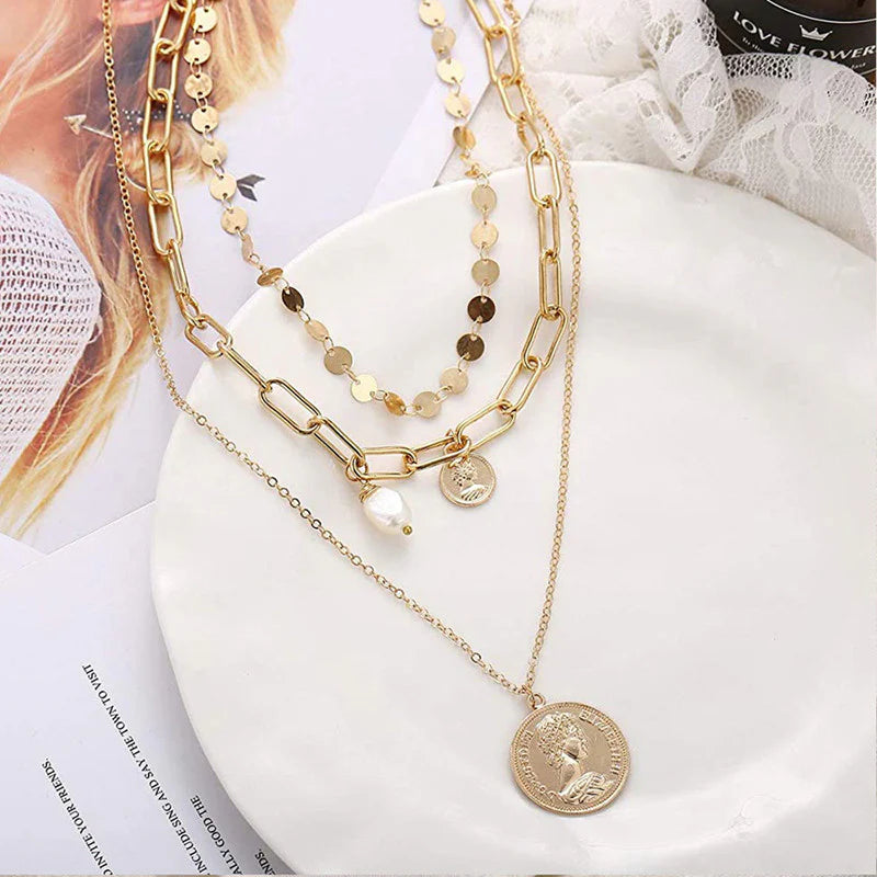 Gold Plated Coin-Inspired Layered Necklace for Women (Anti-Tarnish | Stainless Steel)-OSL-140