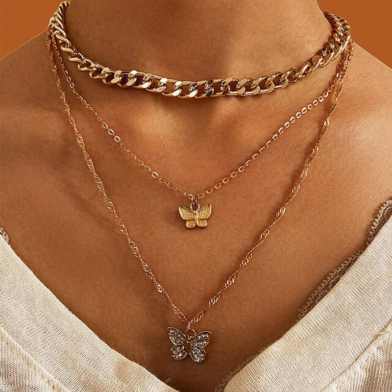 Gold Plated Multi-Strand Butterfly Necklace with American Diamonds for Women-OSL-136