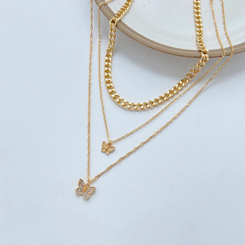 Gold Plated Multi-Strand Butterfly Necklace with American Diamonds for Women-OSL-136