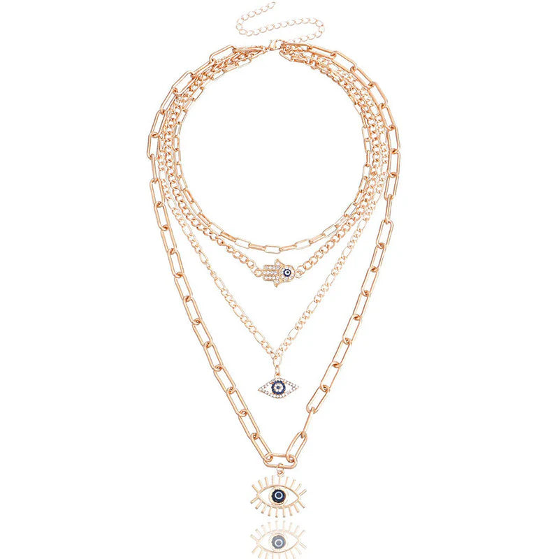 Gold Plated Evil Eye & Buddha Hand Layered Necklace for Women-OSL-124