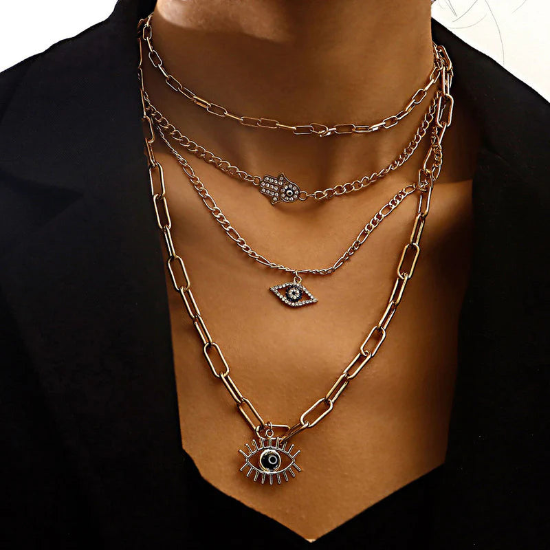 Gold Plated Evil Eye & Buddha Hand Layered Necklace for Women-OSL-124