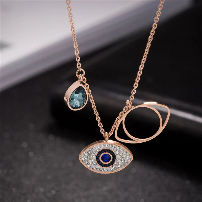 Rose Gold Plated Stainless Steel Evil Eye Pendant Necklace with American Diamonds-OSL-126