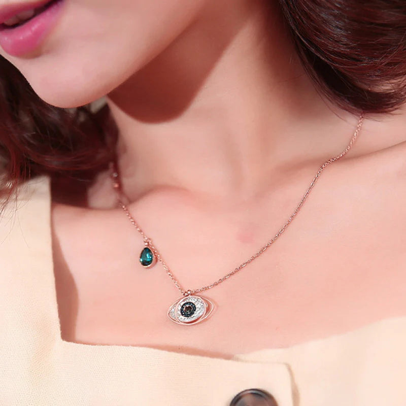 Rose Gold Plated Stainless Steel Evil Eye Pendant Necklace with American Diamonds-OSL-126