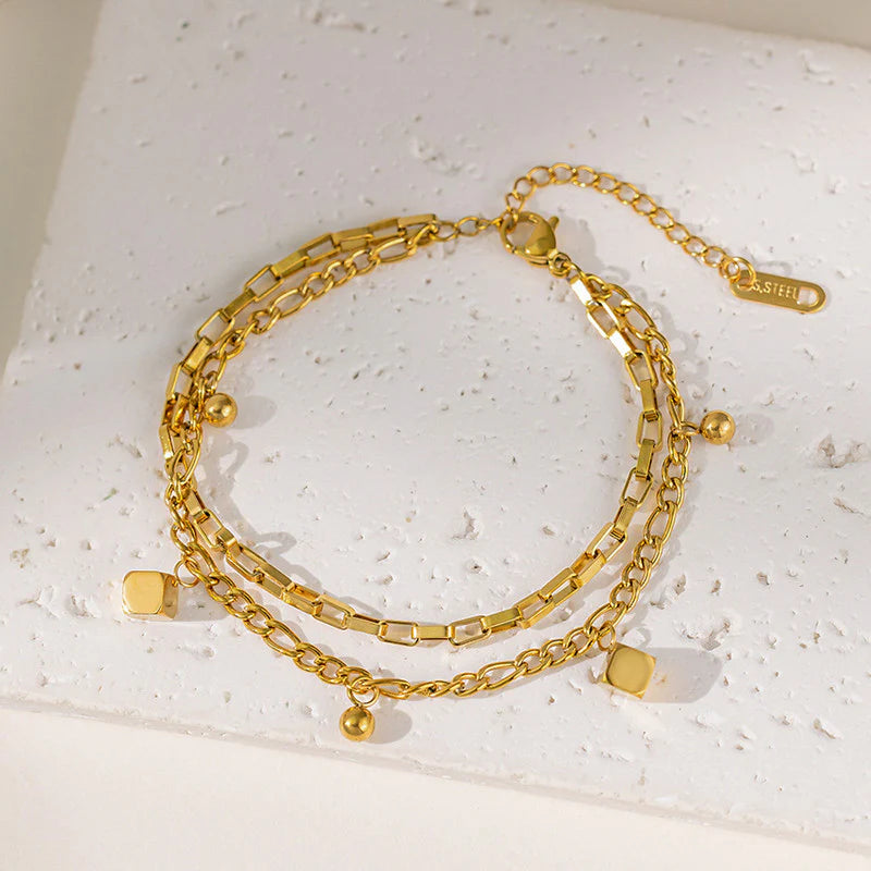 Gold Plated Cube-Themed Wraparound Bracelet (Stainless Steel | Anti-Tarnish)-OSL-148