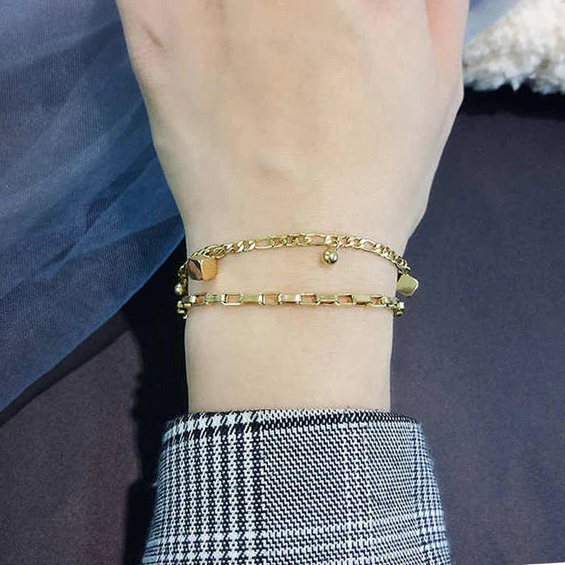 Gold Plated Cube-Themed Wraparound Bracelet (Stainless Steel | Anti-Tarnish)-OSL-148