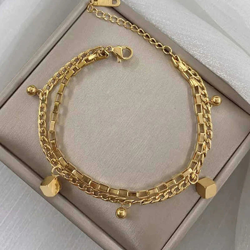 Gold Plated Cube-Themed Wraparound Bracelet (Stainless Steel | Anti-Tarnish)-OSL-148