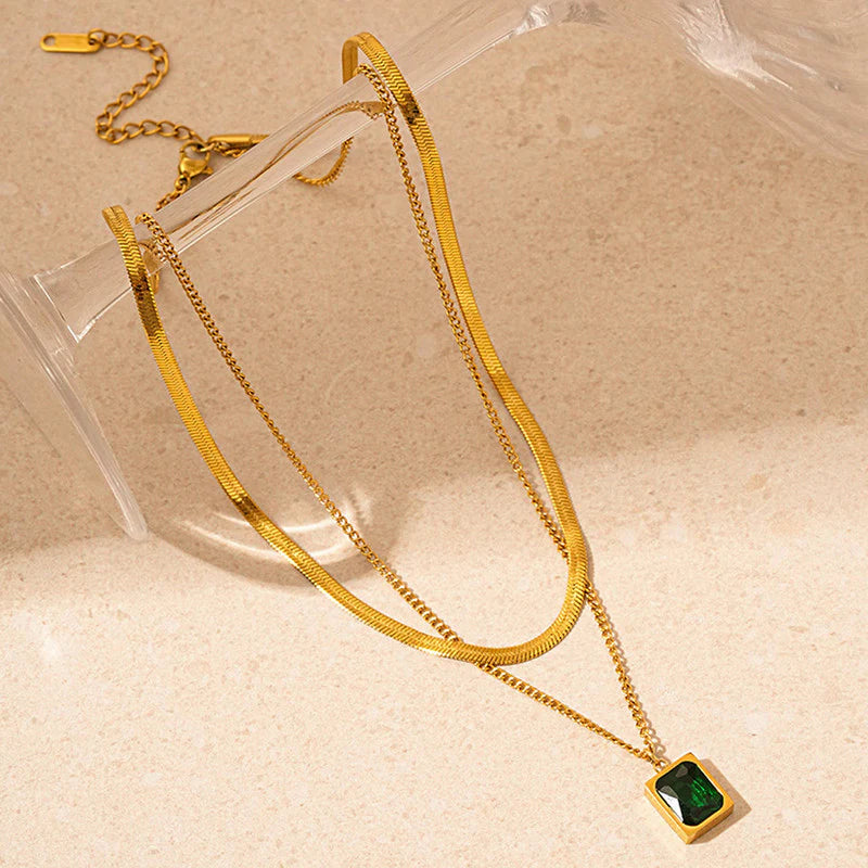 Gold Plated Anti-Tarnish Emerald Green Geometric Layered Necklace-OSL-130