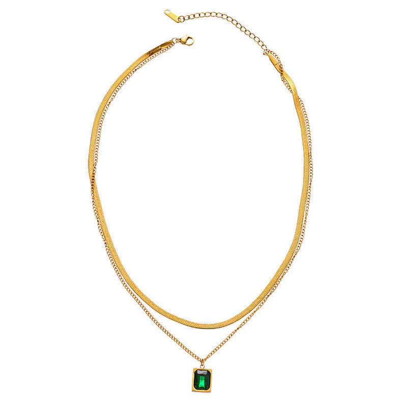 Gold Plated Anti-Tarnish Emerald Green Geometric Layered Necklace-OSL-130