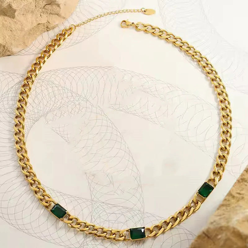 Gold Plated Stainless Steel Anti-Tarnish Cuban Necklace with Green Crystals-OSL-134