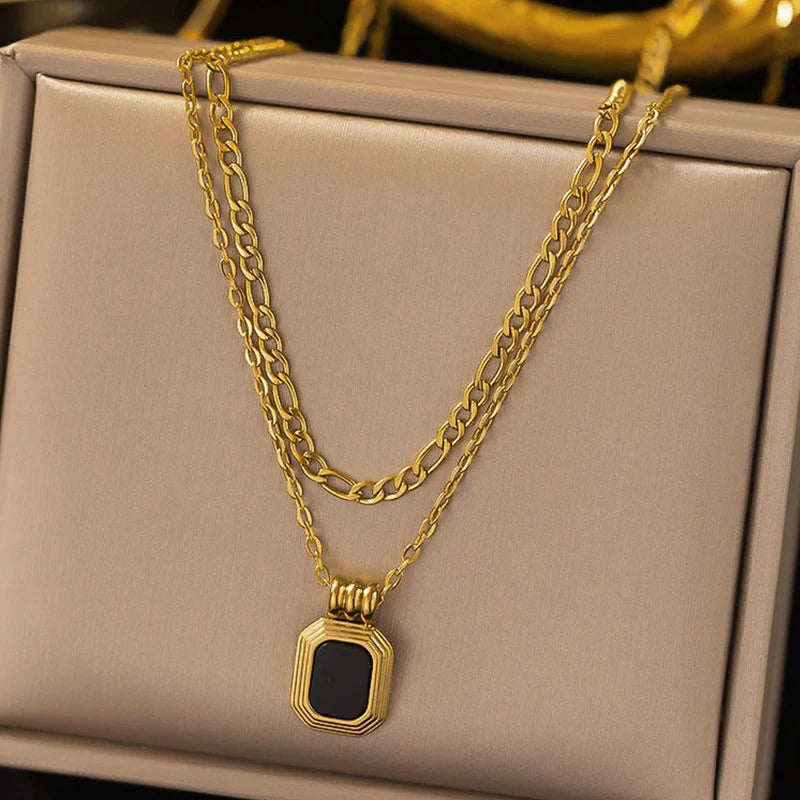 Gold Plated Stainless Steel Geometric Dual-Strand Necklace (Anti-Tarnish)-OSL-143