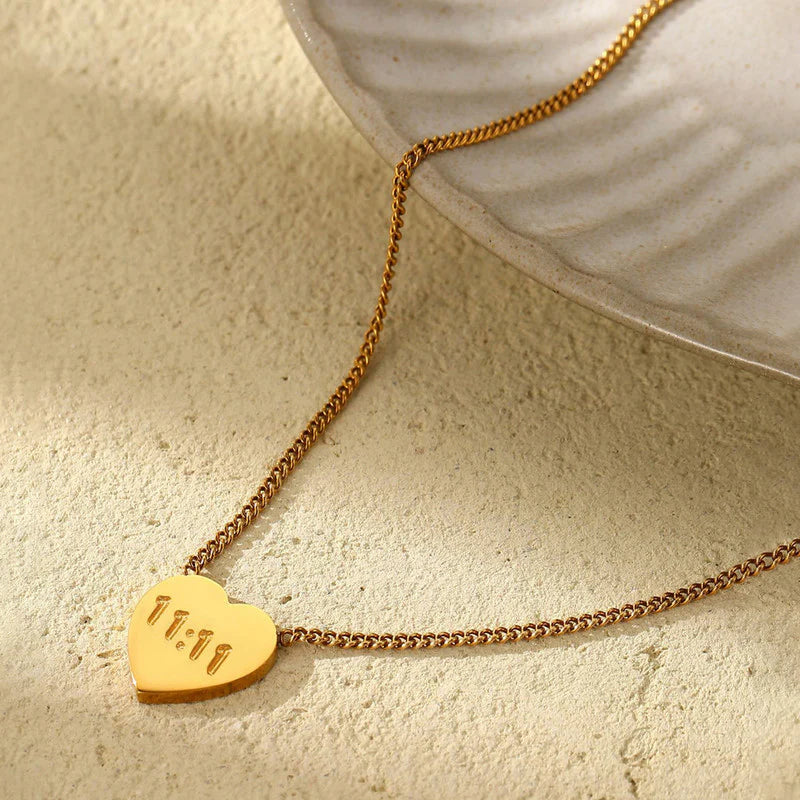 Gold Plated Anti-Tarnish “11:11 Make a Wish” Heart & Angel Pendant Necklace-OSL-138