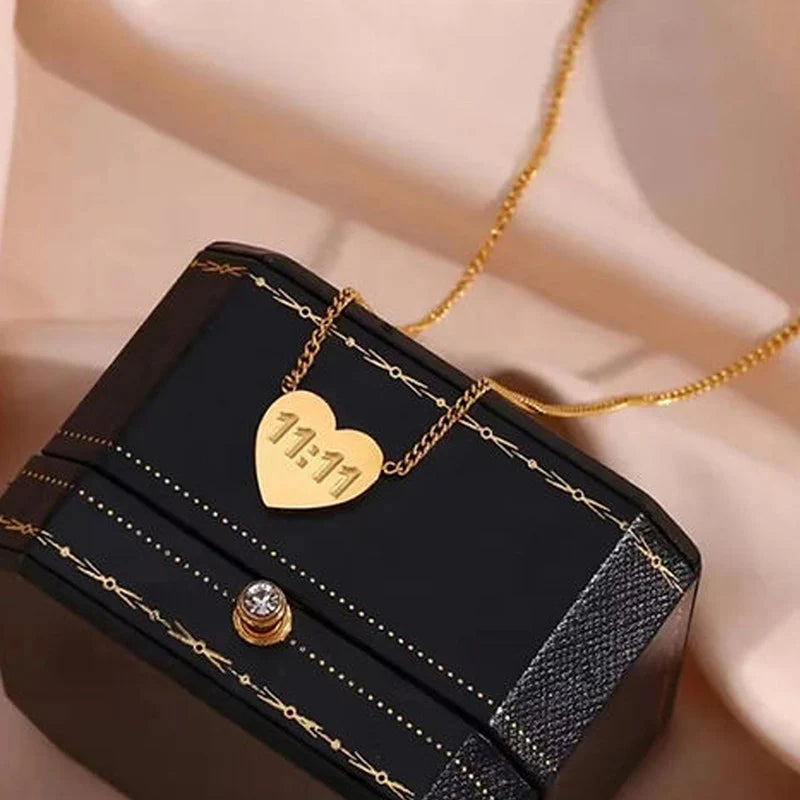 Gold Plated Anti-Tarnish “11:11 Make a Wish” Heart & Angel Pendant Necklace-OSL-138