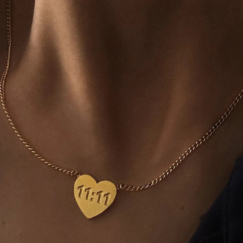 Gold Plated Anti-Tarnish “11:11 Make a Wish” Heart & Angel Pendant Necklace-OSL-138
