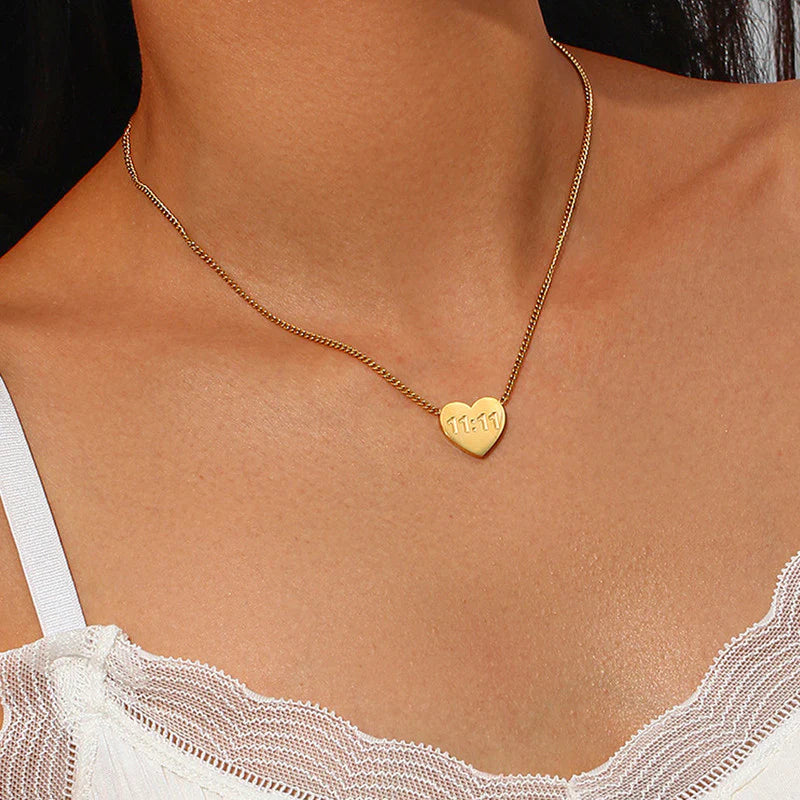 Gold Plated Anti-Tarnish “11:11 Make a Wish” Heart & Angel Pendant Necklace-OSL-138