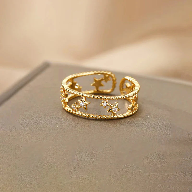 Gold Plated Anti-Tarnish Stainless Steel Star Themed Adjustable Finger Ring-OSL93