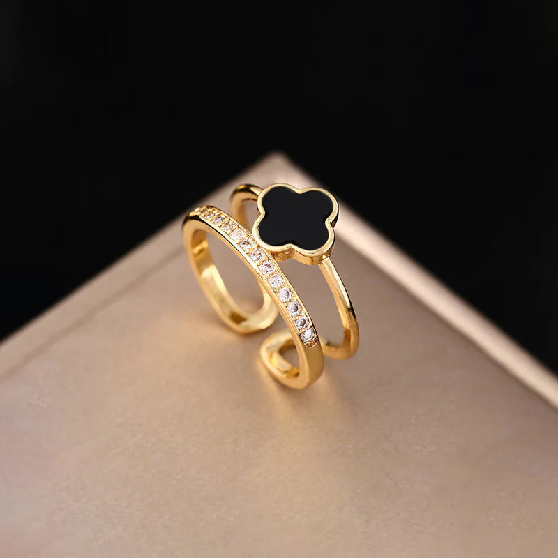 Gold Plated Anti-Tarnish Stainless Steel Clover Themed Adjustable Finger Ring-OSL94