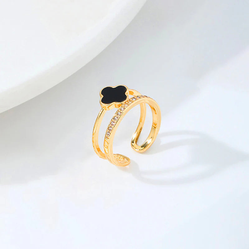 Gold Plated Anti-Tarnish Stainless Steel Clover Themed Adjustable Finger Ring-OSL94