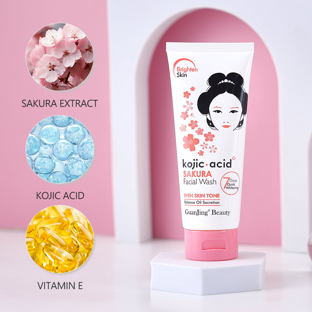 Guanjing Sakura Facial Wash with Kojic Acid Vitamin E Even Skin Tone Balance Oil Secretion Sakura Skin Care Cleanser Face Wash